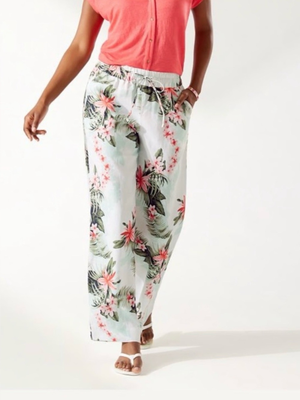 Tommy Bahama 100% Linen Tropical Floral Wide Leg Pants Size M Drawstring
